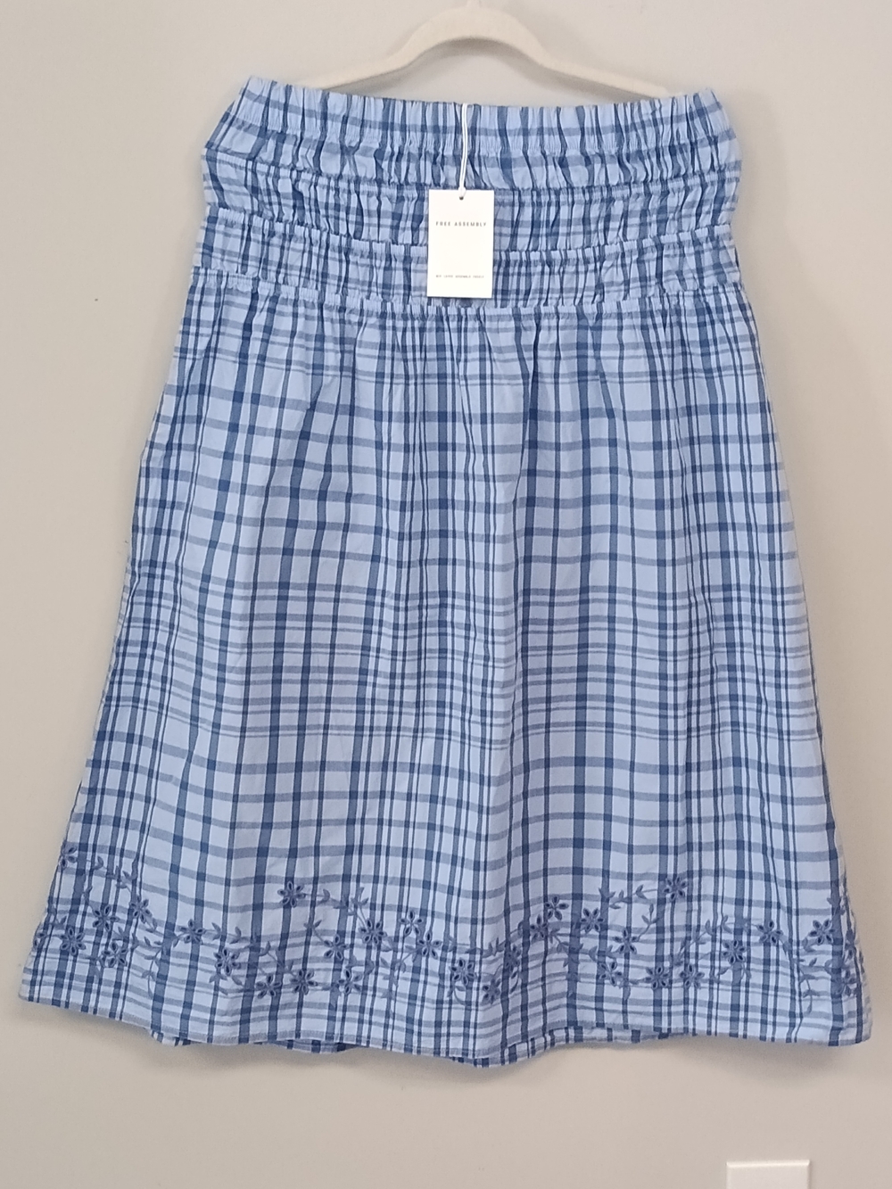 NWT Free Assembly Embroidered Blue Plaid Smocked Midi Skirt Prairie Peasant SM